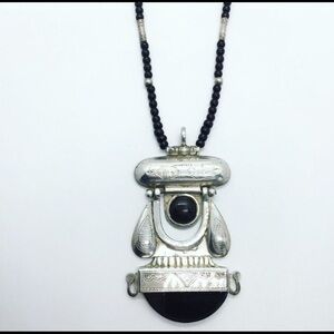 HUGE Vintage Tuareg African Tribal Amulet Onyx Sterling Silver Ethnic Neckl…